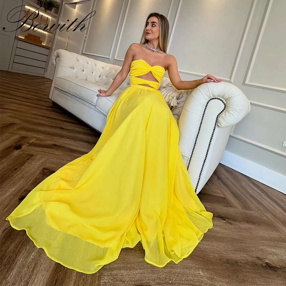 

Bowith Yellow Chiffon Evening Dresses Strapless Hollow Out Prom Dresses Customized vestidos de fiesta Women Special Occasion