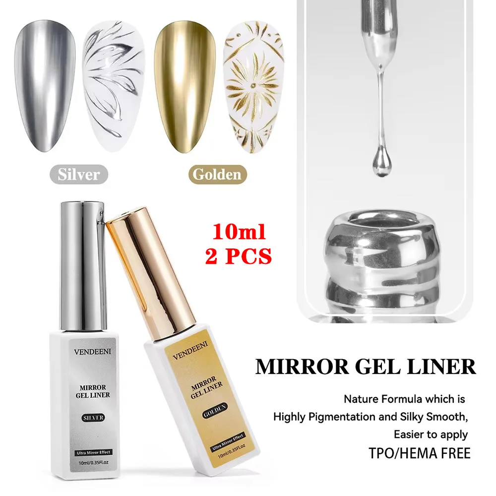 Vendeeni 2 Colors Set Gold Silver Mirror Metal Liner Gel Nail Polish Graffiti Stripe Painting Nail Art Design Gel Varnish