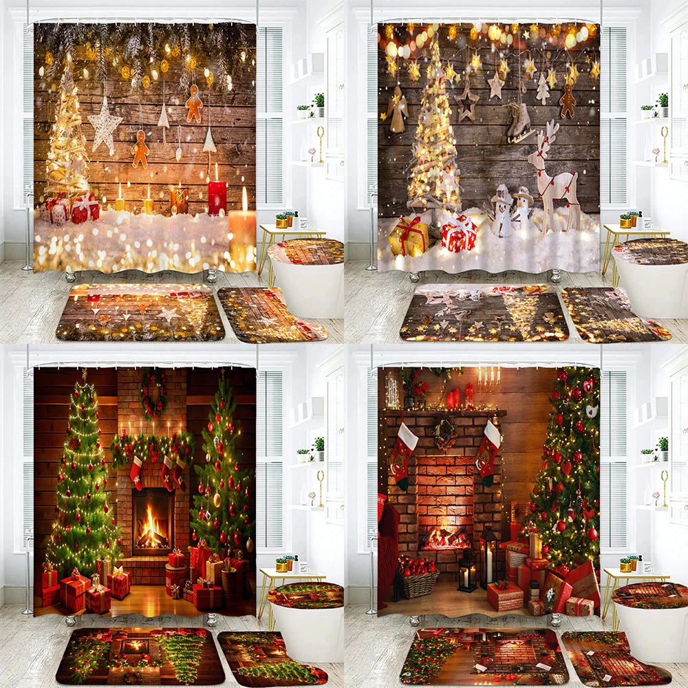 

Merry Christmas Shower Curtain Sets Snowman Santa Claus Bath Curtains Bathroom Decor Toilet Lid Cover Non-Slip Rugs Mats