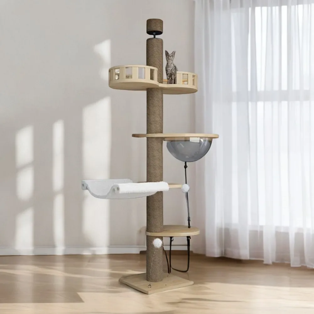 Wooden Cat Tree Floor To Ceiling With Bed Indoor Cats Climbing Pillar Adjustable Pet Tower Thickened Multifunction Cattery Tools