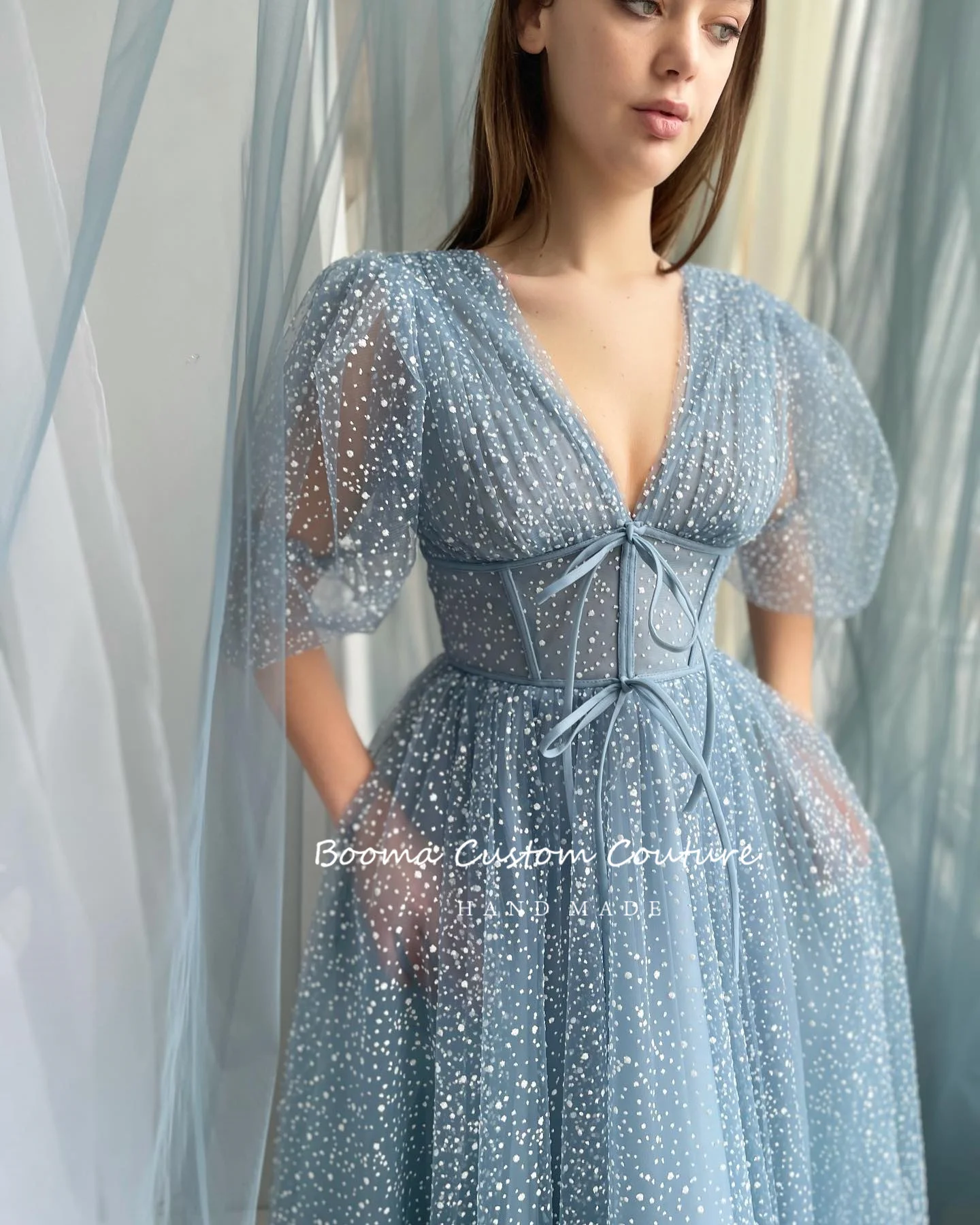 Booma Blue Dotted Tulle Midi Prom Dresses V-Neck Half Puff Sleeves Tea-Length A-Line Wedding Party Dresses Formal Evening Gowns