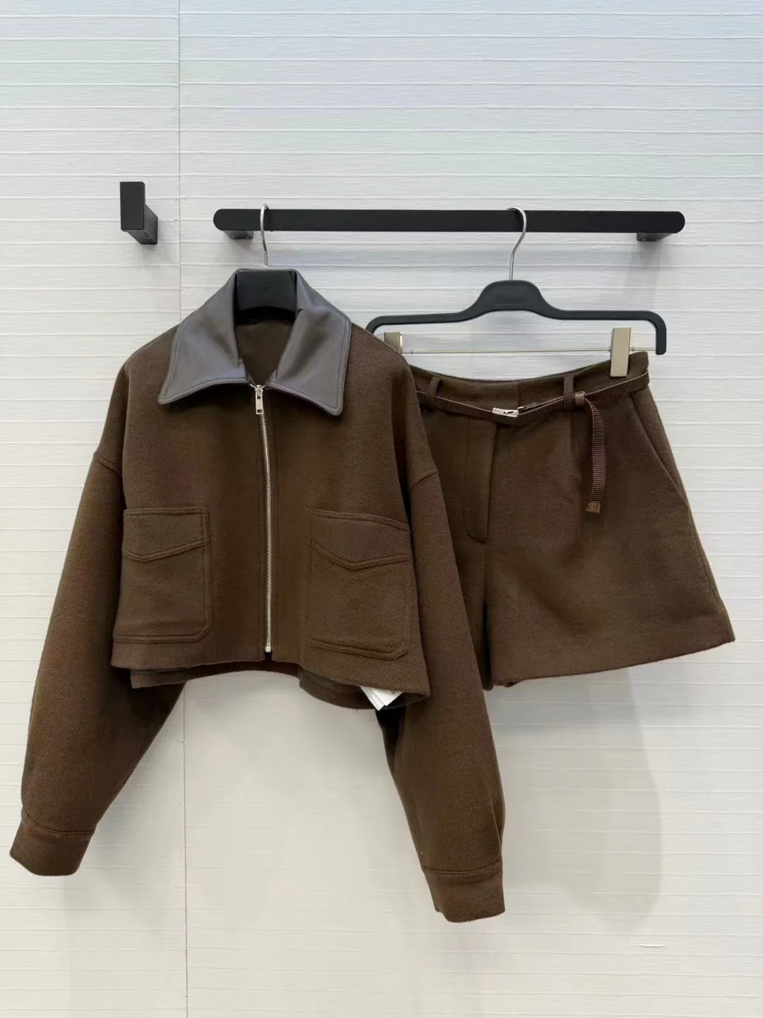 Women Vintage Brown Wool Two Piece Set Faux Leather Lapel Short Coat High Waist Wide Leg Shorts