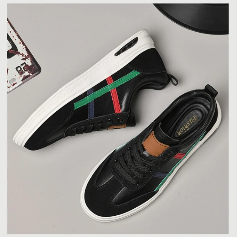 

New Men Cow Leather Casual Shoes Fashion Striped Flat Skate Shoes Youth Street Cool Sneaker