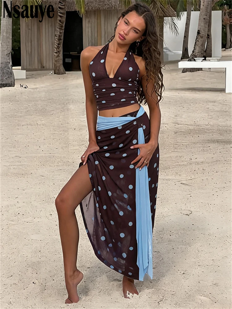 

Nsauye Women Polka Dot Mesh Dress Set Halter Crop Tops+High Waist Long Skirt Suit Sexy Party Summer Vacation Outfits 2 Piece Set