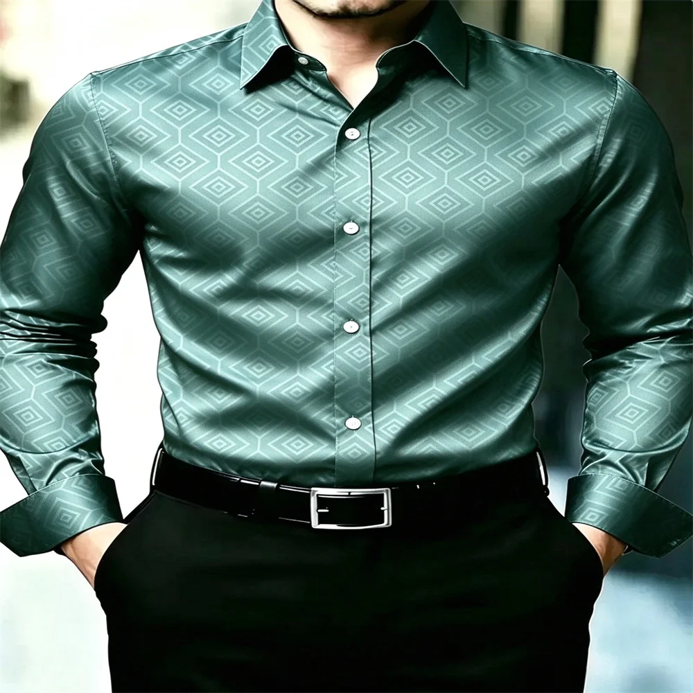 Men's Satin Long Sleeve Shirt, Geometric Diamond Print, Lapel Button Down Dress Shirt, Formal Business Casual Shirts For Men