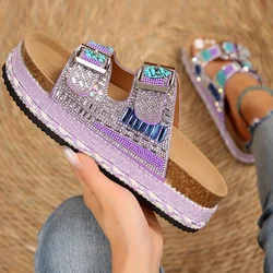 Heel Rhinestone Glitter Sandals - Slip-On, Double Buckle Sparkling Party Slides with PP Insole and MD Sole for Elegant Occasions