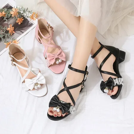 Summer Peep Toe Platform Pumps Cute Sweet Bowtie Ruffles High Heels Sandals Women Lace Wedding Block Heel Shoes Woman 2024 New