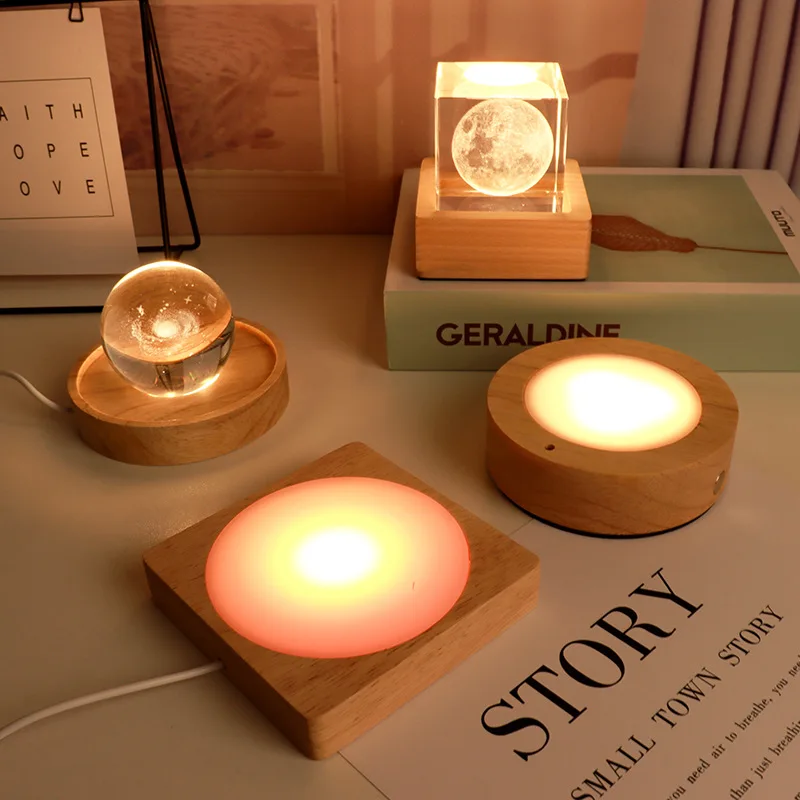 Night Light Base Solid Wood Square LED Lamp Base Round Crystal Ball Diffuser Plate Aromatherapy Luminous Base Home Decoration