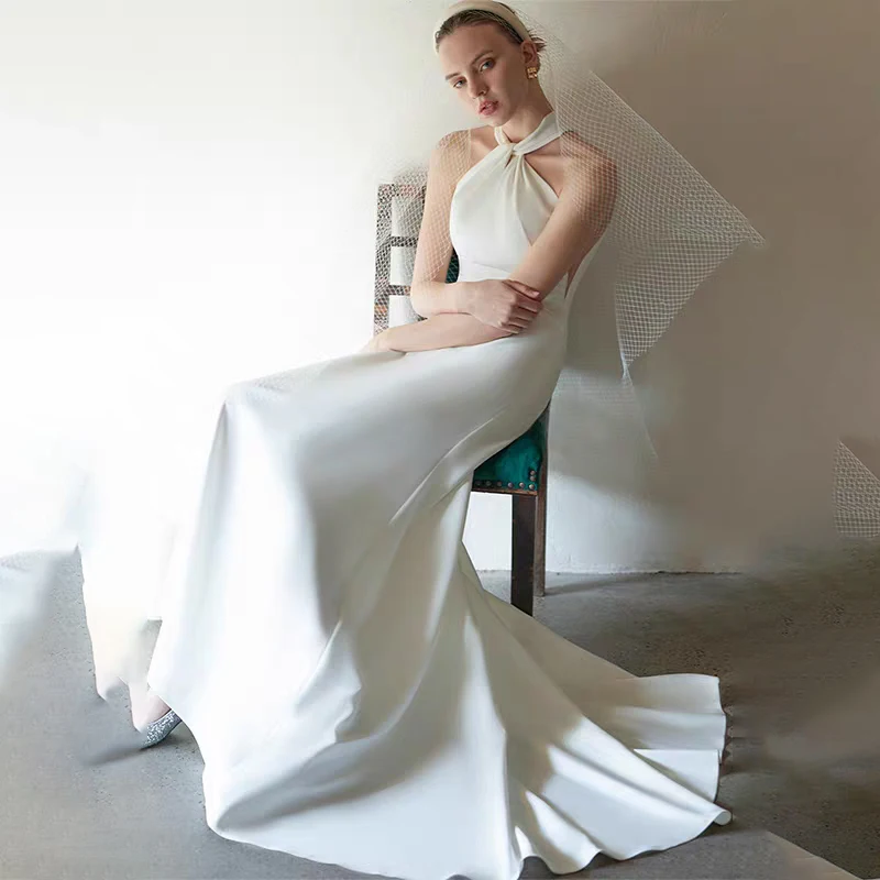 Branco cetim halter vestidos de casamento para mulher a linha até o chão vestido de noite formal elegante vestidos de baile 2025 personalizado