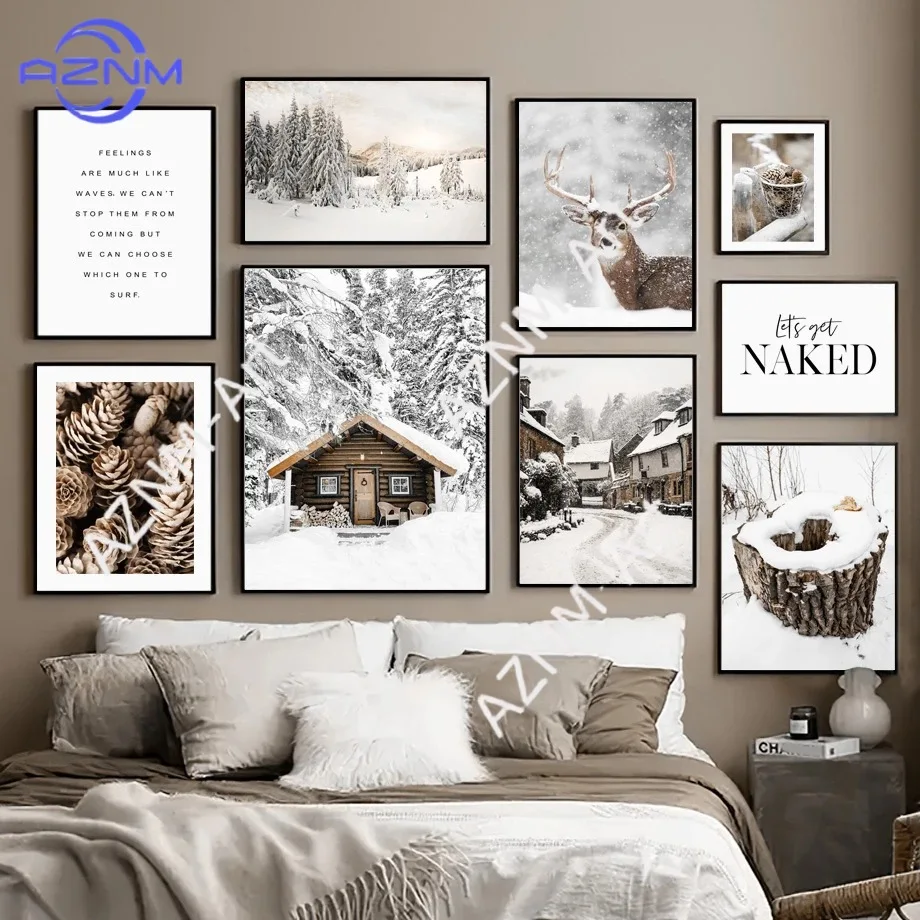 Moderne minimalistische nordische Winter-Schneewald-Baumhaus-Hirsch-Schlafzimmer-Wohnzimmer-Leinwandgemälde