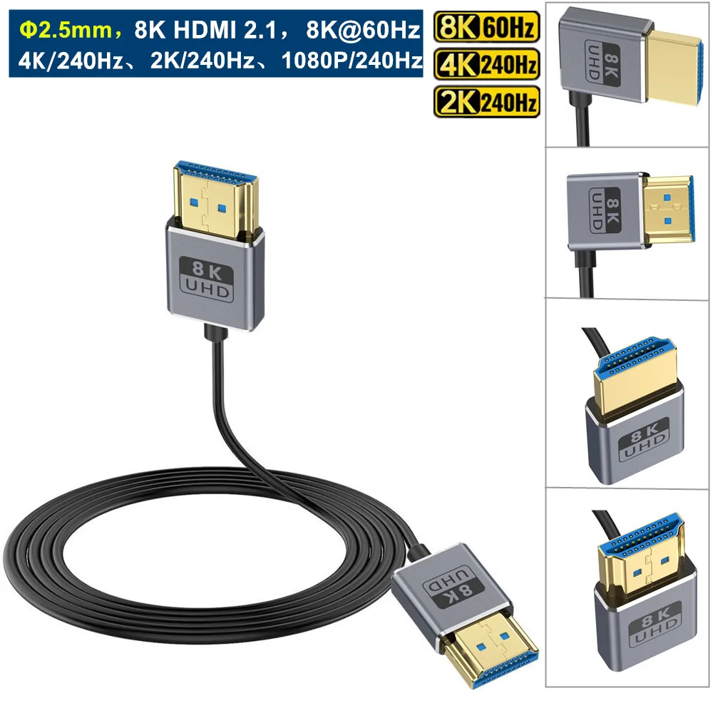 Ultra cienki cienki kabel HDMI-compatible2.1 8K @ 60Hz 4K @ 240Hz 48Gbps od2,5 mm elastyczny przewód do laptopa PC PS4 Xbox Game Monitor HDTV