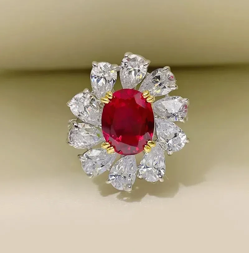 Anillo de rubí de laboratorio rojo de lujo de 8x10mm para mujer con Plata de Ley 925 chapada en oro, joyería de fiesta, regalos para mujeres y niñas