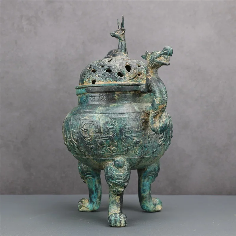 Shuanglong Deer cover Incense Burner Ancient Bronze Crafts Film and Television Props Home Decoration Titles Antique Shelf