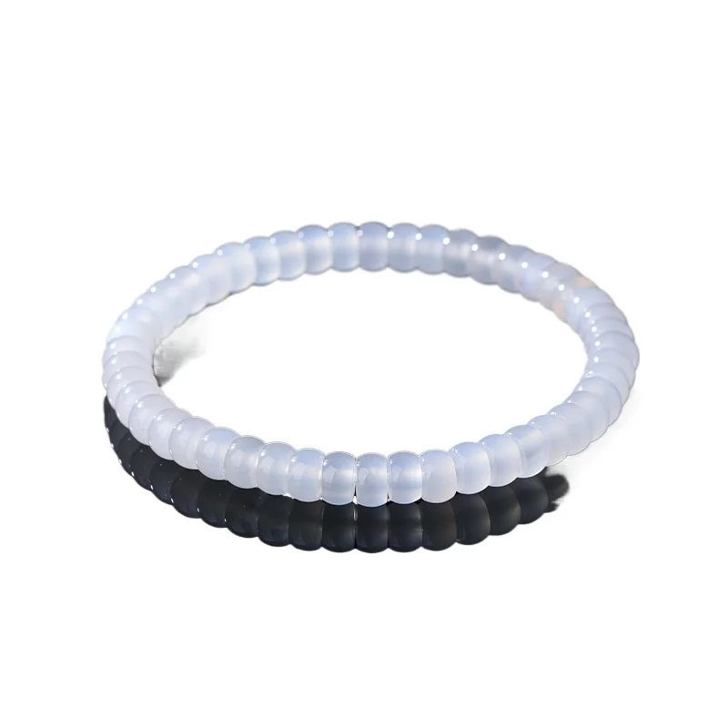 Natural White Agate Tablet Cut Beaded Bracelet, Flat Slice Gemstone Single Strand Bracelet Worry Stone Crystal Jewelry for Women