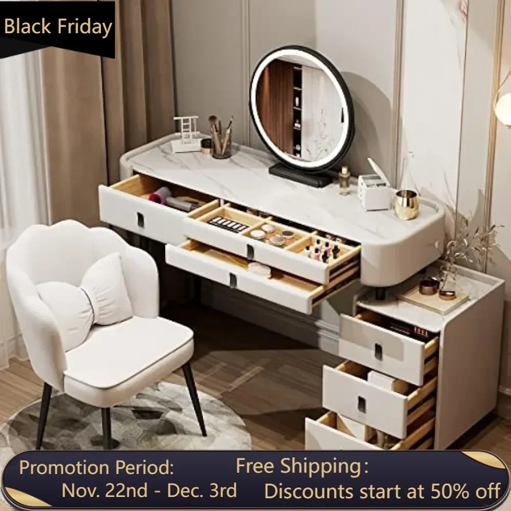 Luxury Vanity Desk,Vanity Table Made of Solid Wood,Features Modern Sintered Marble Top,Touch Screen HD Mirror,Vanity Set 6Drawer