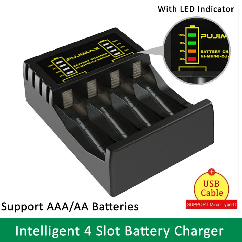 4 Slot Battery Charger Intelligent Fast USB Charger for AAA/AA Rechargeable Ni-MH/Ni-Cd Batteries With LED Indicator Charger