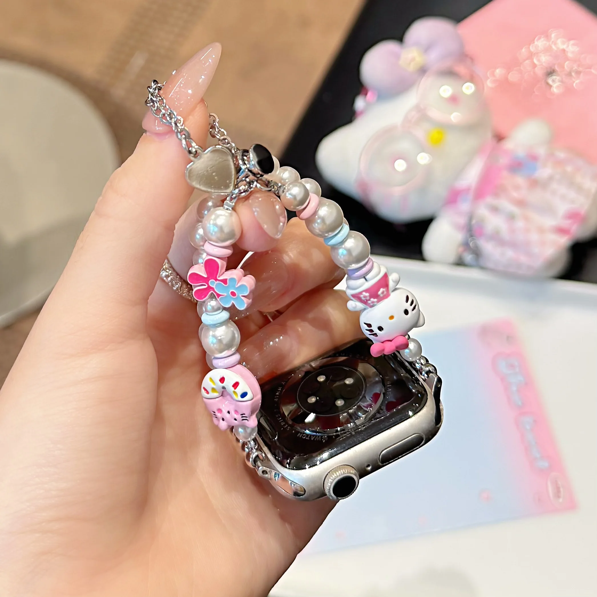 Girls Fashion Cute For Hello Kitty Pearl Beaded Band For Apple Watch  S11 10 49 46 45 44 42-38mm For iwatch Ultra S11/10/9/8 view 5