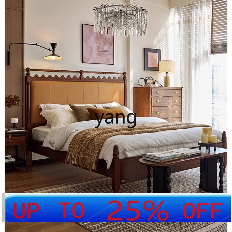 lmm French Retro Solid Wood Bed Genuine Leather Upholstered Bed Double Master Bedroom Large Bed American Oak
