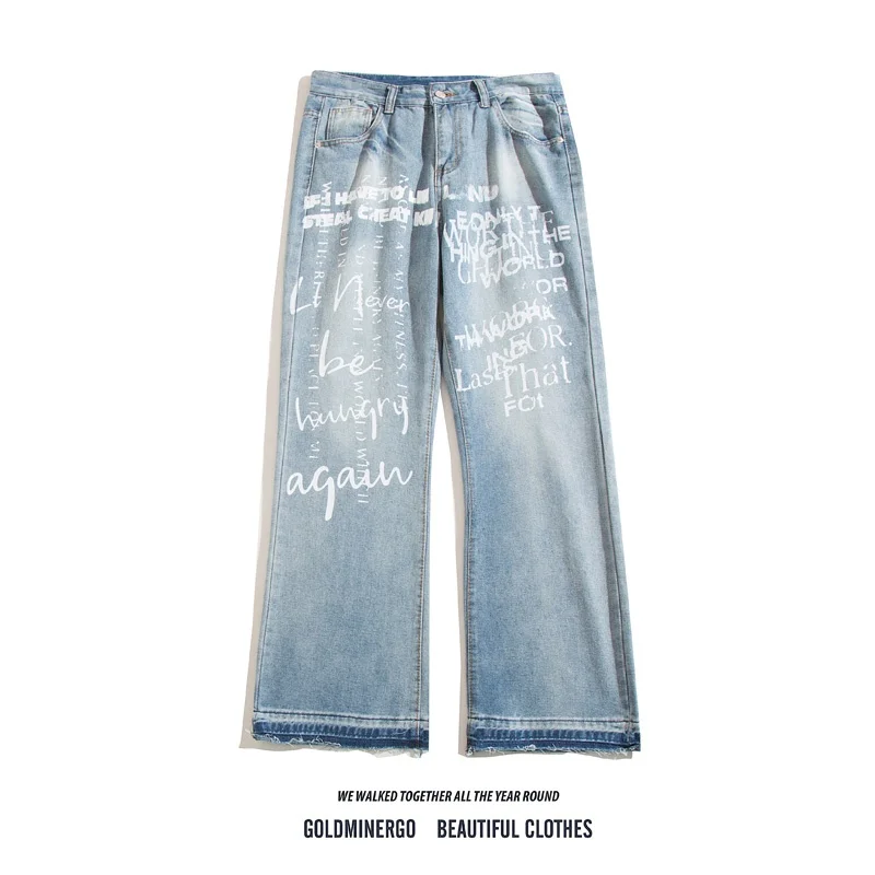 

Мужские брюки в стиле американского ретро, ручная роспись, свободный крой, прямые штанины, принт, широкие штанины, в стиле хип-хоп