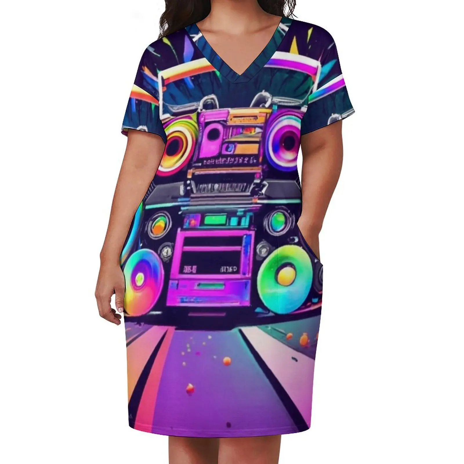 Multi Color 80's Boombox Creative Art Loose Pocket Dress dress for women 2025 dress party night summer daily