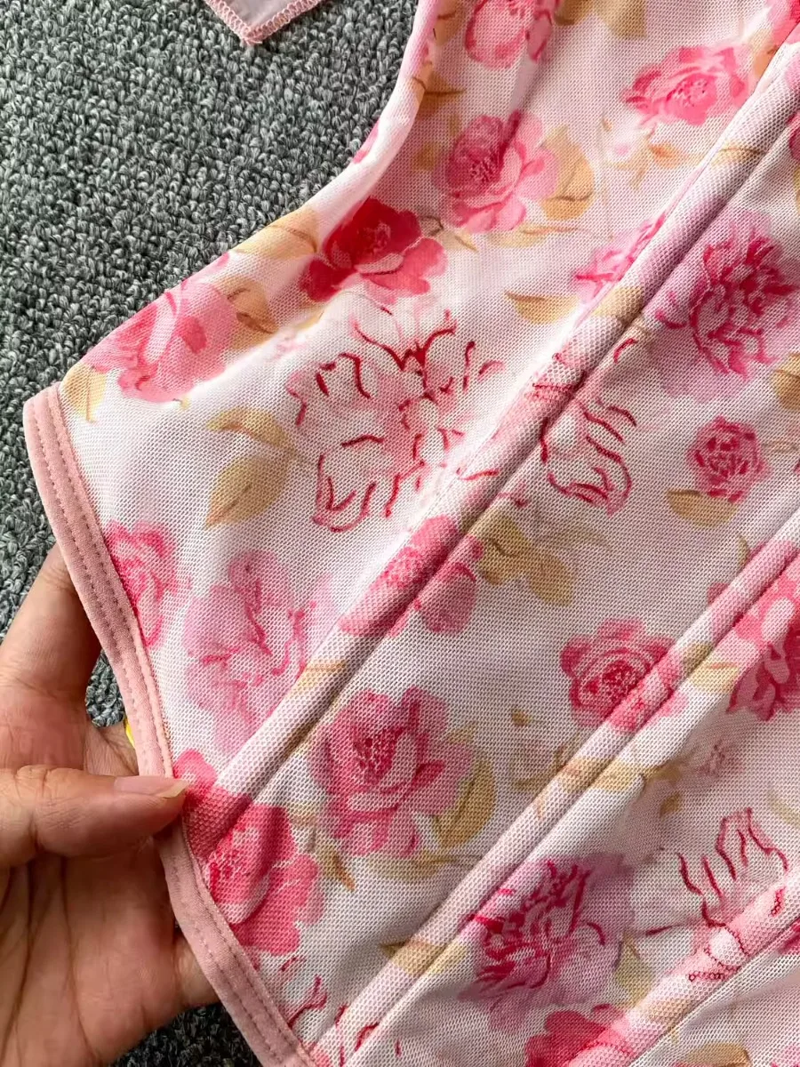 Foamlina doux Floral coupe ajustée arête de poisson haut court femmes rétro romantique rose imprimé Bandeau licou à volants gilet Camis réservoirs