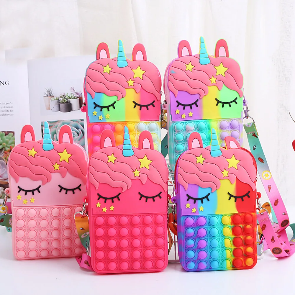 Kawaii Fidget Toys Popite Big Silicone Bubble Decompression Toy Unicorn Bag Coin Purse Simple Dimple Crossbody Bags for Girls