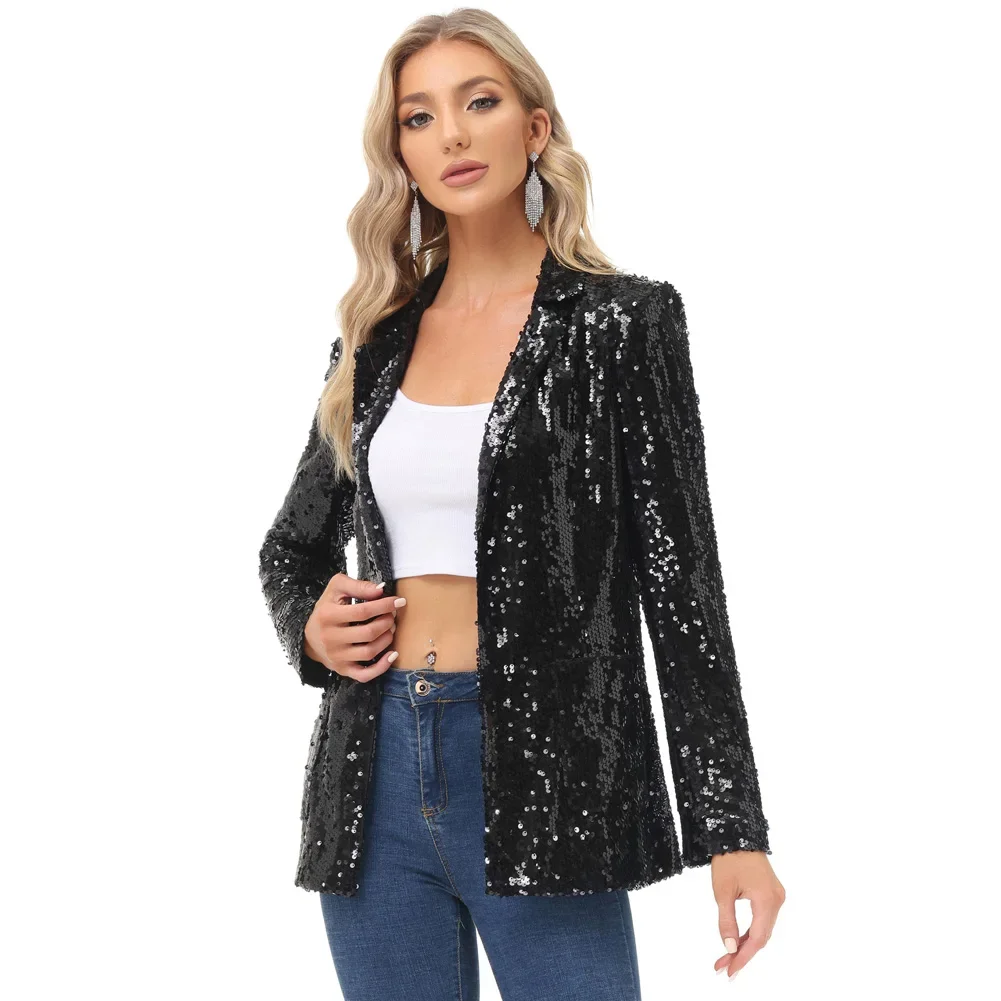 KK Women Shiny Blazer Sparkling Sequins Coat Long Sleeve Lapel Collar Jacket Wedding Party Stage Costumes Outerwear Streetwear