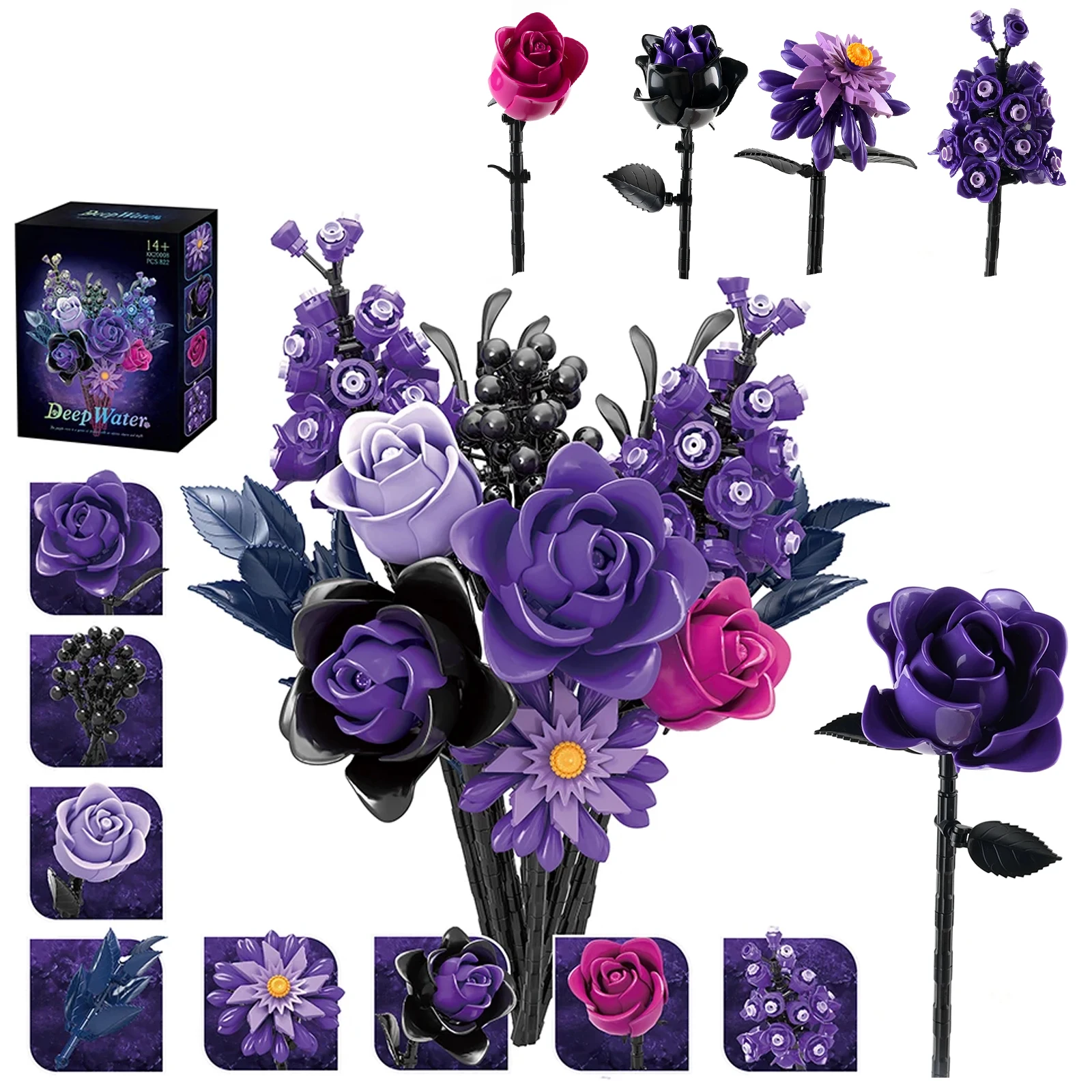 

822PCS Purple Rose Gothic Bouquet Building Blocks Flowers Artificial Flowers Botanical Home Decor Valentines Mother's Day Gift