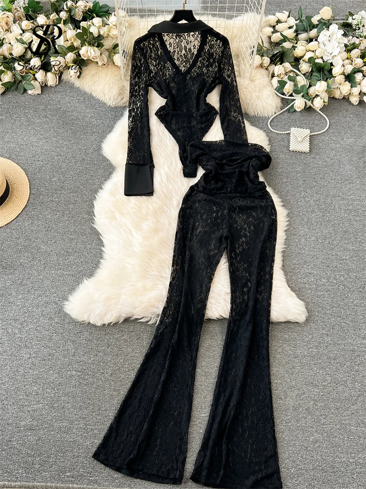 

Long Sleeves Slim Bodysuits+Elastic Long Pants Ladies Sexy Sets Fashion Lace Sheer Two Pieces Sets Women Lapel
