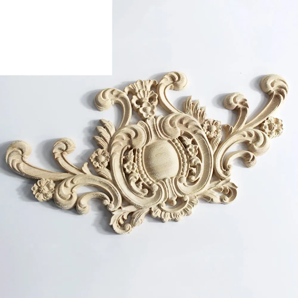 Floral Wood Carved Decor Appliques Onlay Frame Natural Wooden Figurines Crafts Furniture Woodcarving Decorative Carved Unpainted