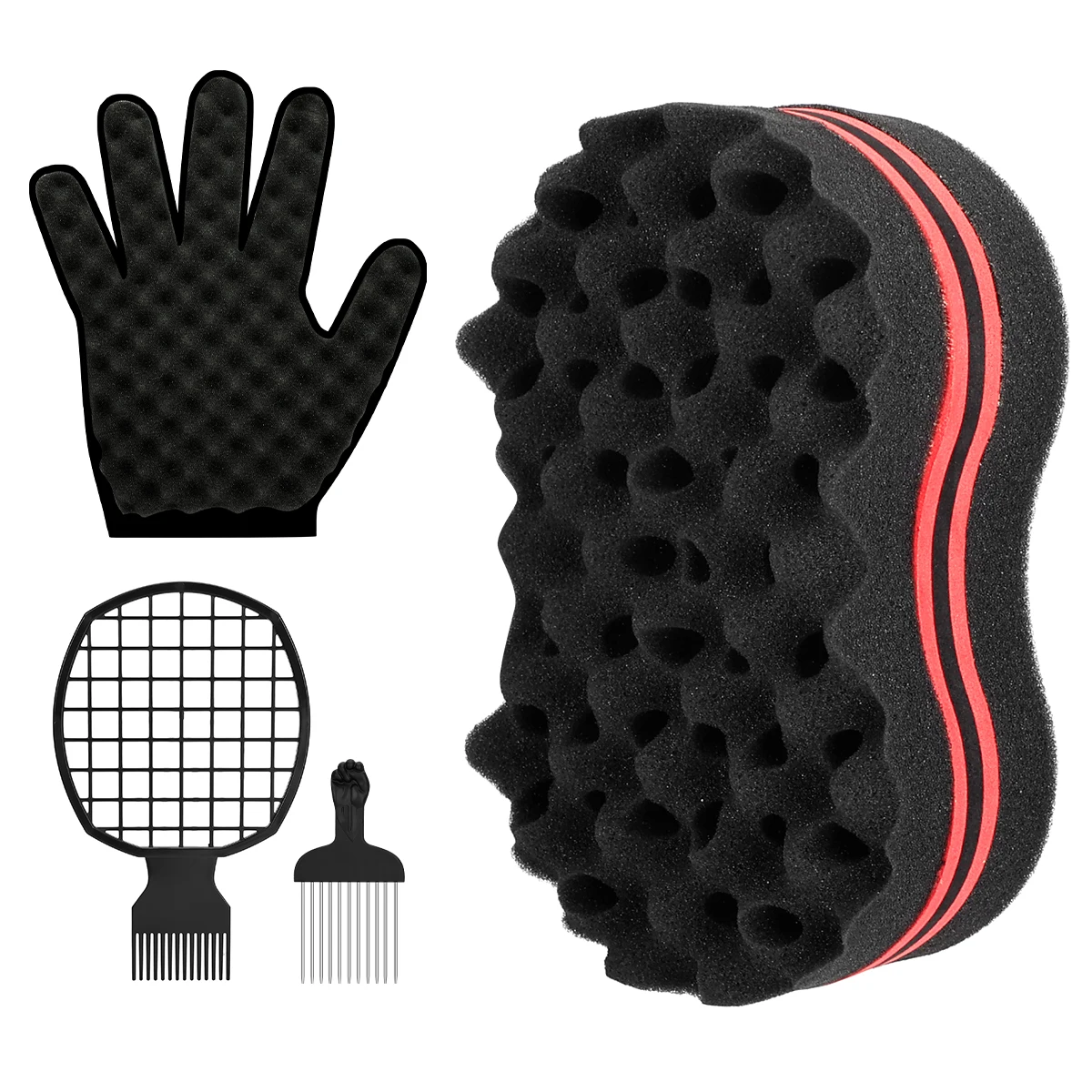 4-Pcs Sponge Lazy Styler Set  African Oval Hole Hair Sponge with Steel Needle Comb and Gloves for Effortless Curling and Styling