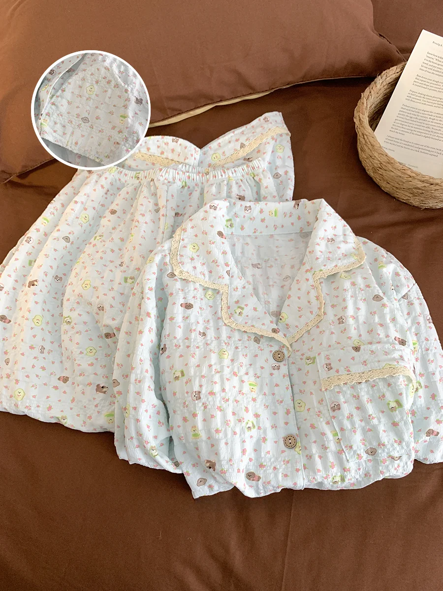 Korean Style Blue Floral Cloud Cotton Sleepwear Women's Shirt Collar Lace Trimmed Home Clothes with Chest Pad Spring 2026