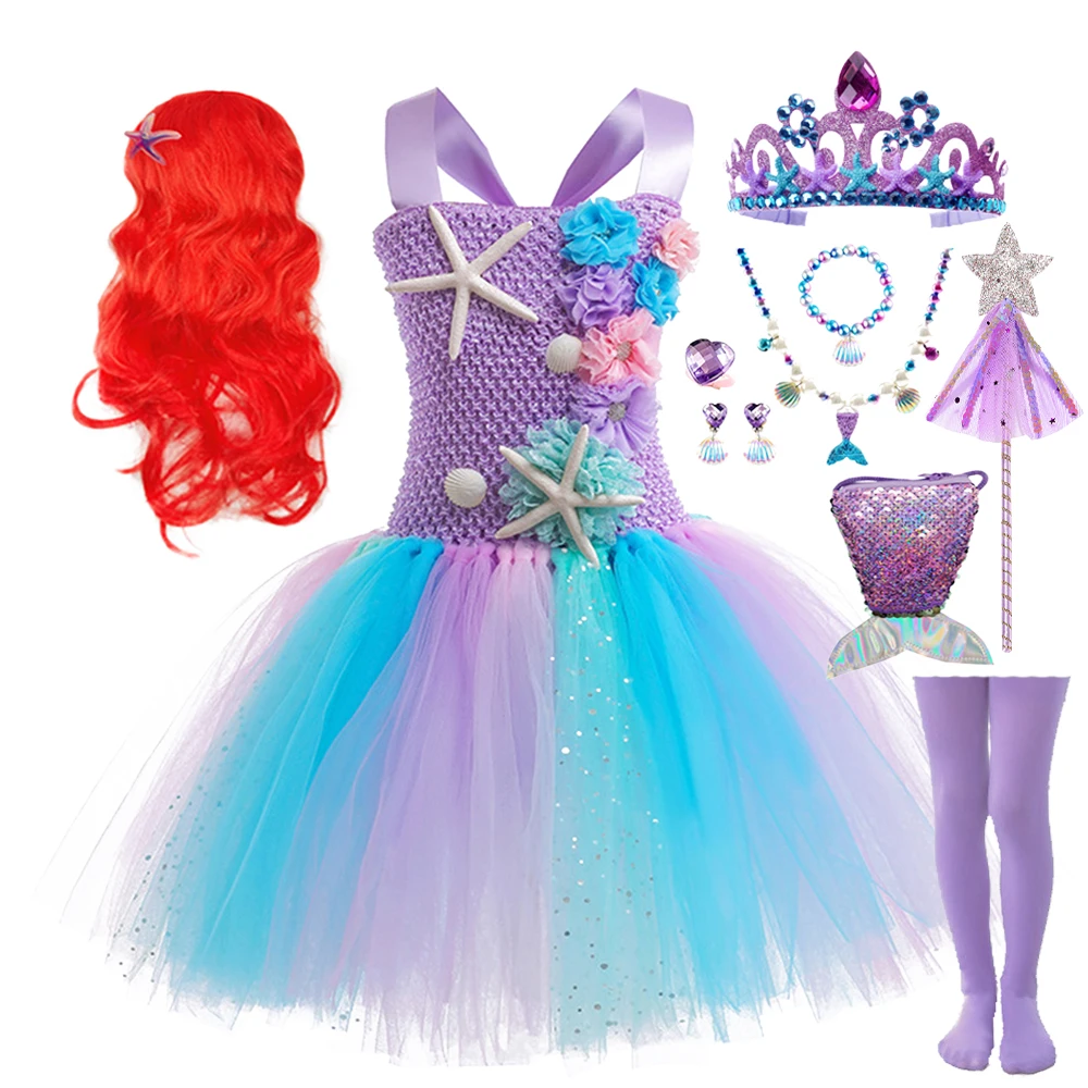 Vestido tutú de sirena para niñas, vestido con apliques de estrellas de mar de color coral, vestido con hombros descubiertos para fiesta de cumpleaños para niños