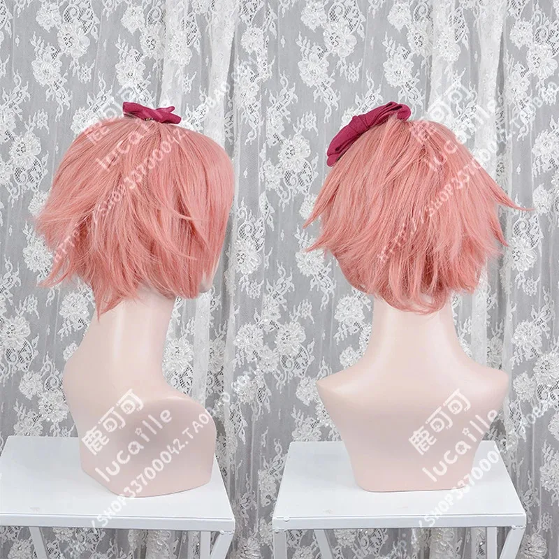 

aaa12 3High Quality DDLC Doki Literature Club Sayori Cosplay Wig Short Pink Heat Resistant Synthetic Hair Anime Wigs + Red