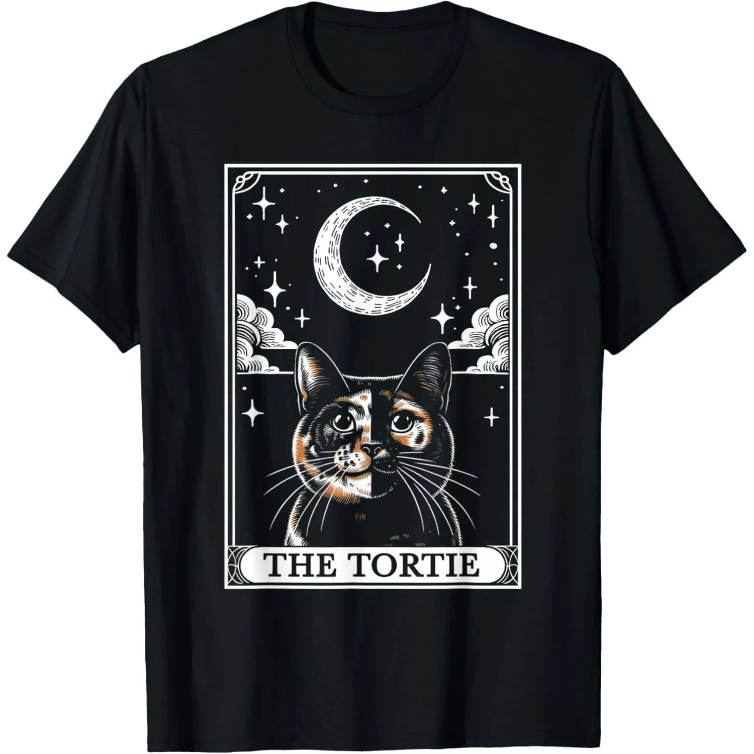 Tarot Tortie Cat Moon Graphic Print Cotton T-Shirt Mystical Cat Lover Tee