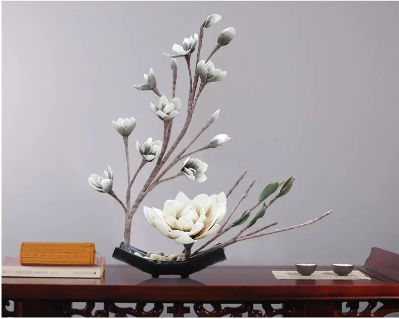 Chinese Ceramic Vase Magnolia Fake Flower Ornaments Home Livingroom Table Furnishing Decoration Hotel Desktop Figurines Crafts