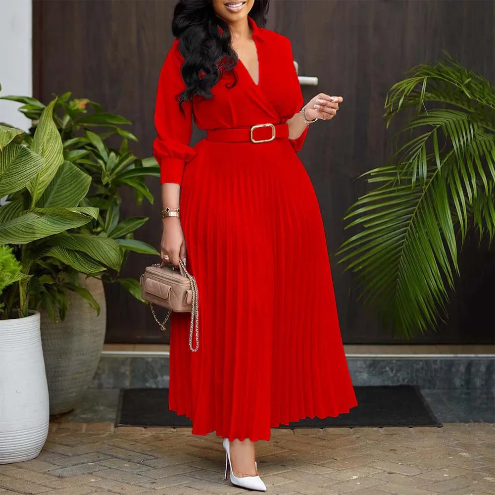 

Elegant Office Dresses for Woman Turn Down Collar V Neck Full Sleeve Belt Waisted Pleated Ankle Length Business Work Wear Dress