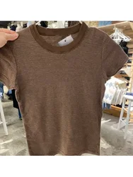 Casual Women Soft Cotton O Neck Brown Striped Printed Tees 2024 Summer Fashion Ladies Casual  Female Short Sleeves Chic Tops