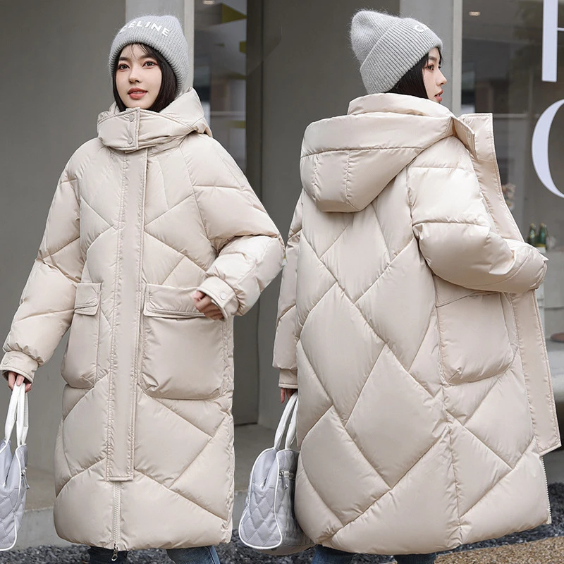

Winter Long Parka Coats Korean Thick Warm Down Cotton Padded Jackets 2025 New Big Pockets Long Sleeve Detachable Hooded Outwear
