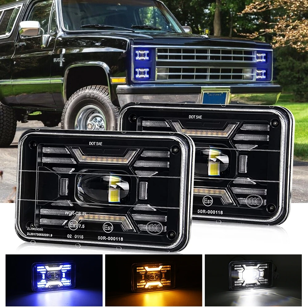 4x6 inch LED Headlights with White Blue DRL & Amber Yellow Turn Signal Light High Low Beam for Chevrolet, RV, GMC, Motorhome