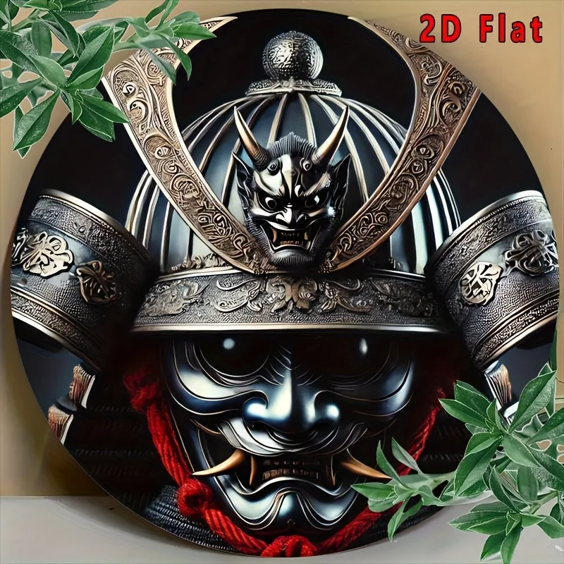 Japanese Samurai Oni Mask Armor Traditional Art 2D flat Round Metal Tin Sign Warrior Theme Wall Decor Gift 7.87x7.87 Inch