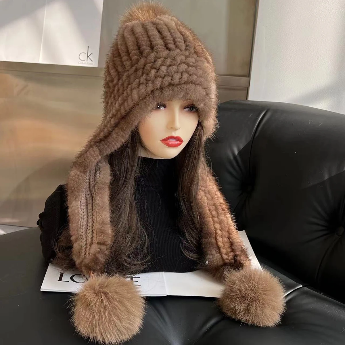 

100% Real Mink Fur Hat Women Winter Knitted Beanie Russian Girls Cap With Fox Fur Pompoms Thick Female Cap Elastic Scarf And Hat