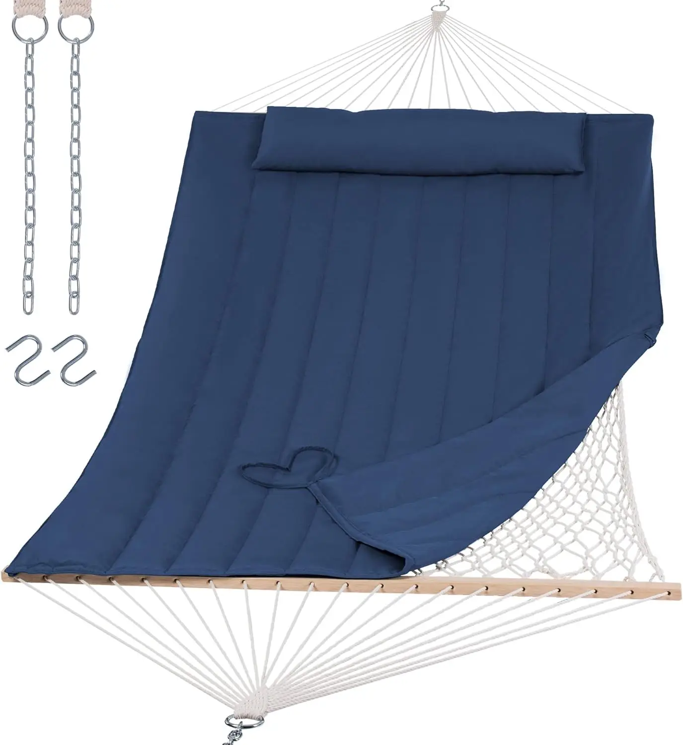

Double Hammock with Hardwood Spreader Bar, 475 lbs Capacity, 15 FT with Soft Pillow, Dark Blue