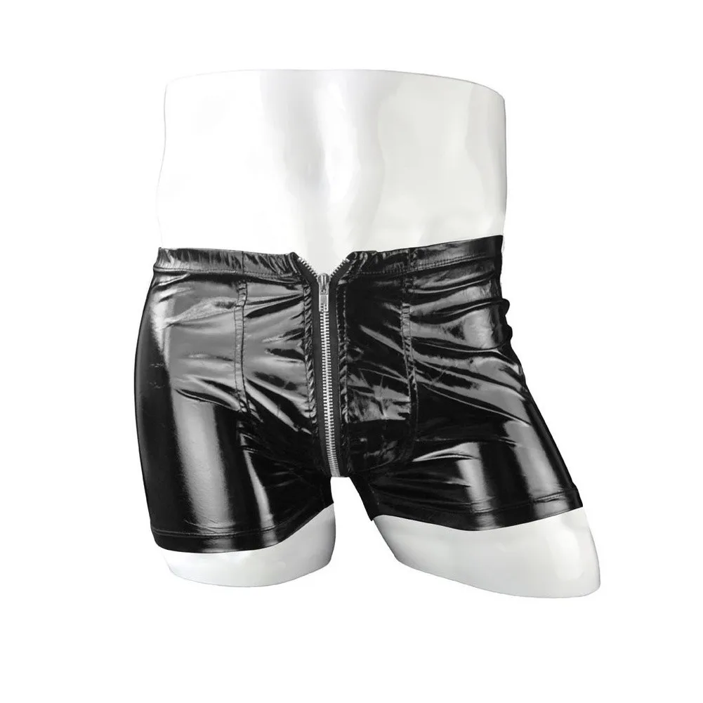 Men Boxer Briefs Zipper Faux Leather Hot Pants Underwear Nightclub Party Wet Look Lingerie Trunks Shorts Gay Male Shorts