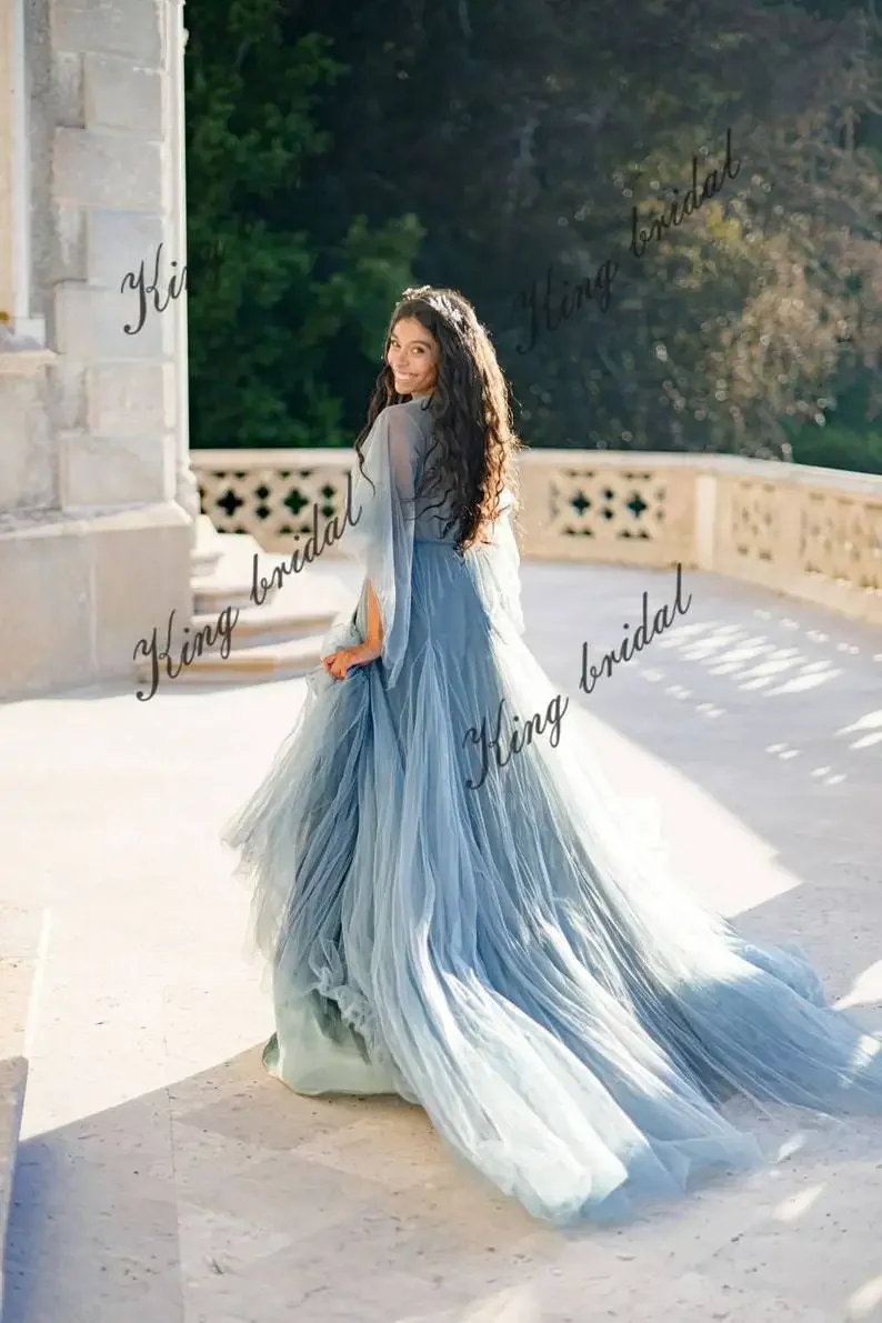 Full Gown Airy Sleeves Bridal Simple Wedding Party Dresses Ethereal Wedding Dresses Pale Dark Blue Wedding Gown