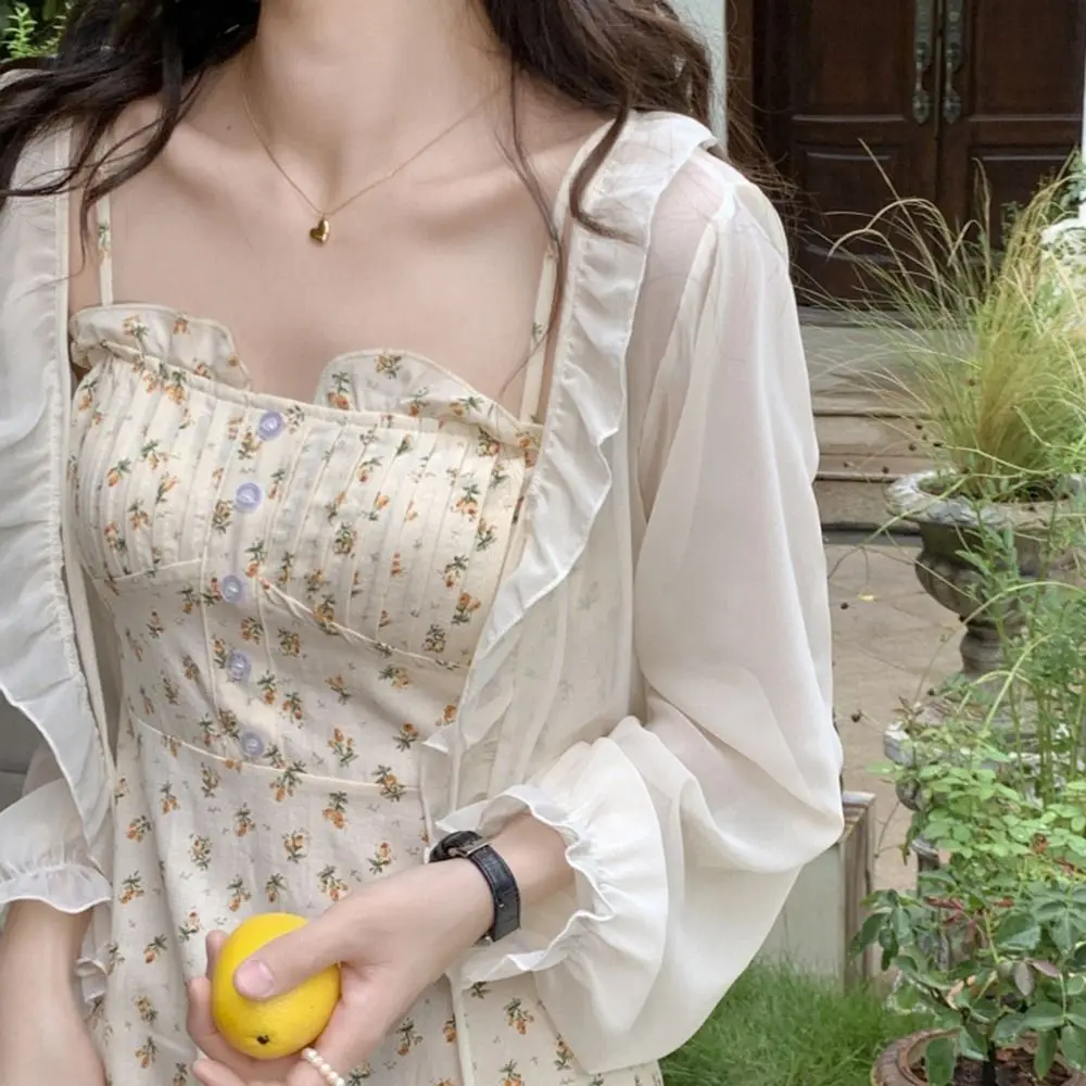 

Thin Elegant Poncho Long Sleeves Ruffle Summer Wrapped Chiffon Korean Style Shawl Sunscreen Shawl Short Top Coat Lace Cardigan