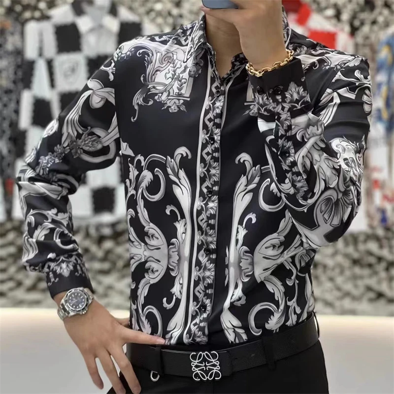 Retro Palace Style Shirts for Men Long Sleeve Slim Casual Shirt Business Social Formal Dress Shirts Party Tuxedo Streetwear 2023