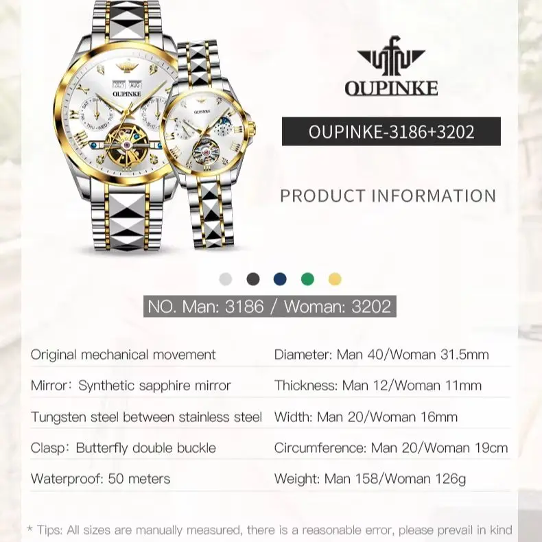 OUPINKE Flywheel Couple Watch Luxury Brand Tungsten Steel Fully Automatic Mechanical Watch Top Brand Male Female Couple Watch