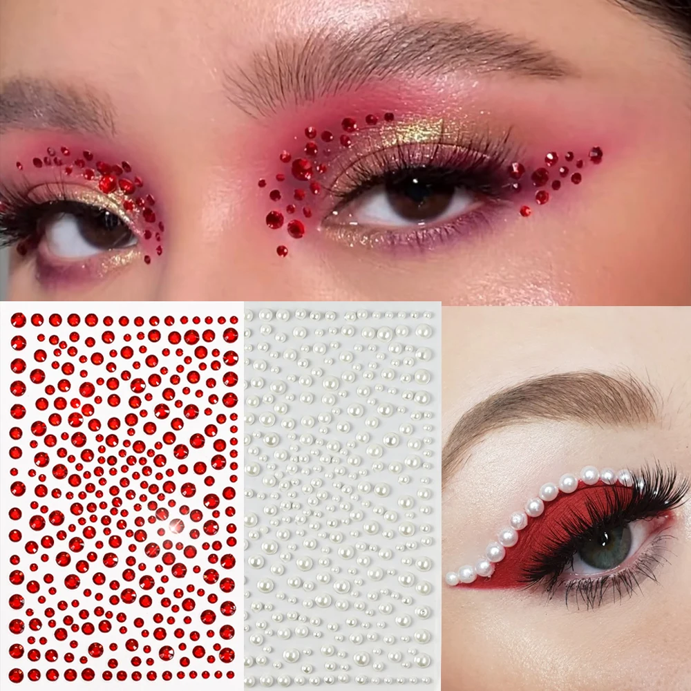 1sheet Purple Mixed Sizes Round Tattoo Face Rhinestones Self Adhesive Pearl Flowers Lines Face Gems Girls DIY Makeup Decorations