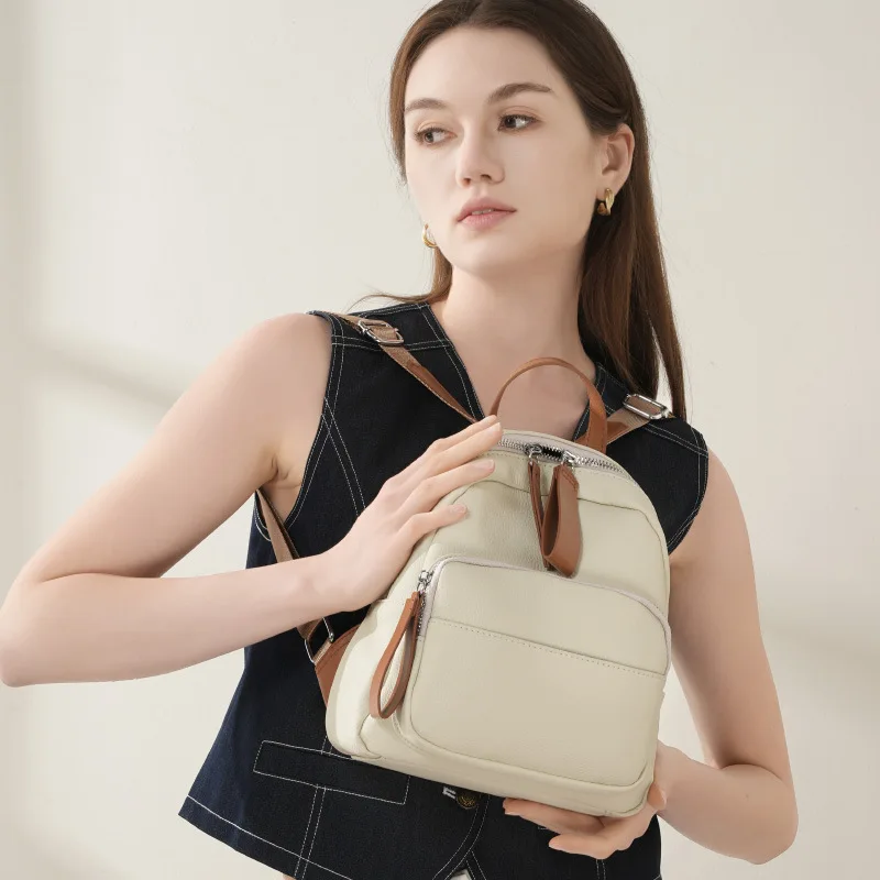 Real leather double shoulder bag - Large capacity, multiple pockets, lightweight, high-end travel backpack for women